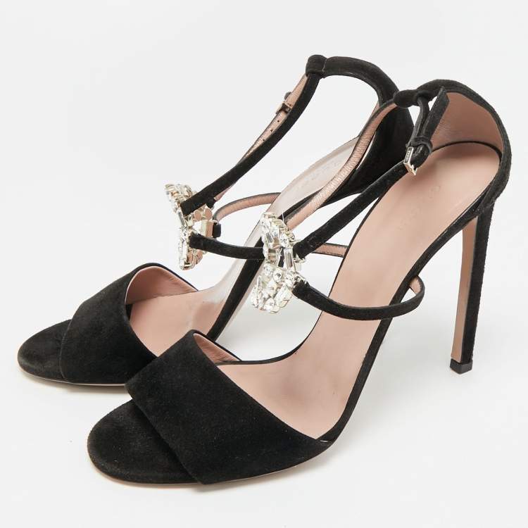 Pre Owned Gucci GG Size 40 Black Suede  Crystal Embellished GG Interlock Ankle Strap  Sandals