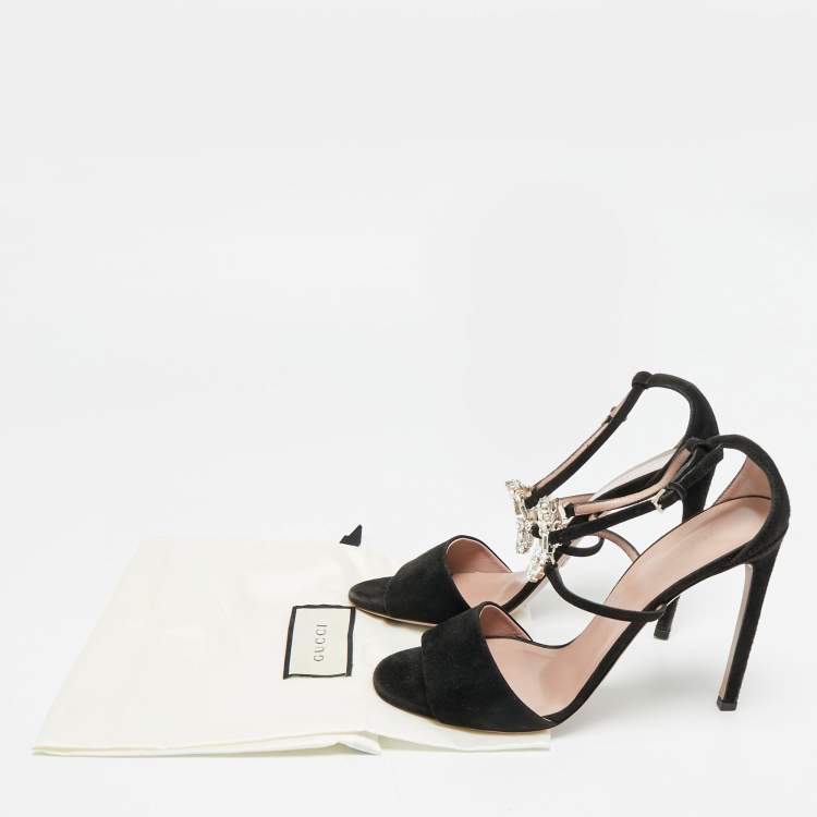 Pre Owned Gucci GG Size 40 Black Suede  Crystal Embellished GG Interlock Ankle Strap  Sandals
