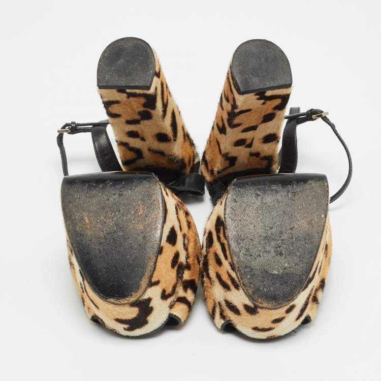 Pre Owned Gucci Claudie Size 38.5 Beige/Brown Calf Hair Ankle Strap Sandals