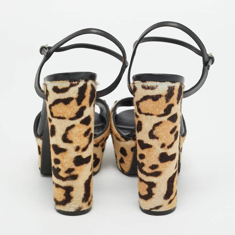 Pre Owned Gucci Claudie Size 38.5 Beige/Brown Calf Hair Ankle Strap Sandals