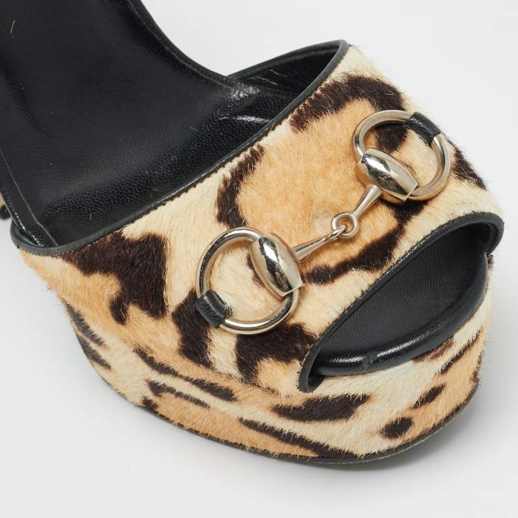 Pre Owned Gucci Claudie Size 38.5 Beige/Brown Calf Hair Ankle Strap Sandals