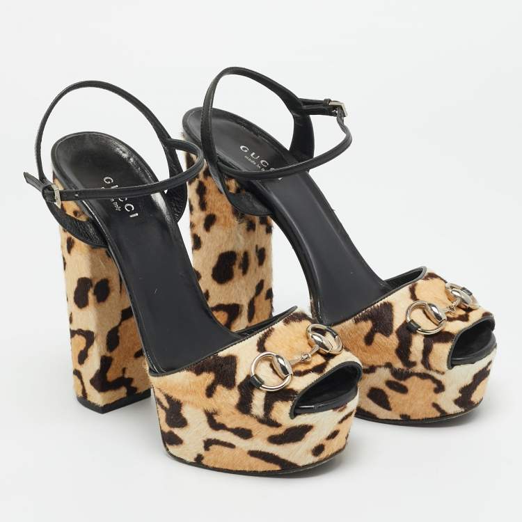 Pre Owned Gucci Claudie Size 38.5 Beige/Brown Calf Hair Ankle Strap Sandals