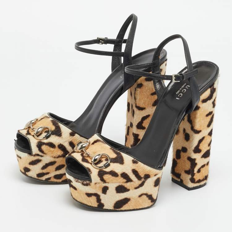 Pre Owned Gucci Claudie Size 38.5 Beige/Brown Calf Hair Ankle Strap Sandals