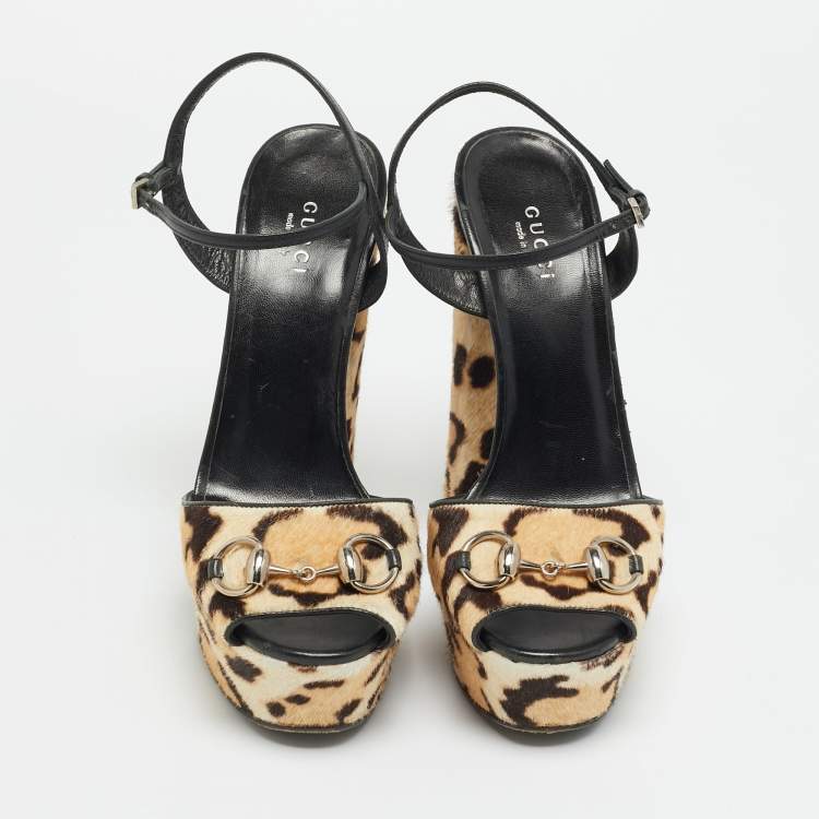 Pre Owned Gucci Claudie Size 38.5 Beige/Brown Calf Hair Ankle Strap Sandals