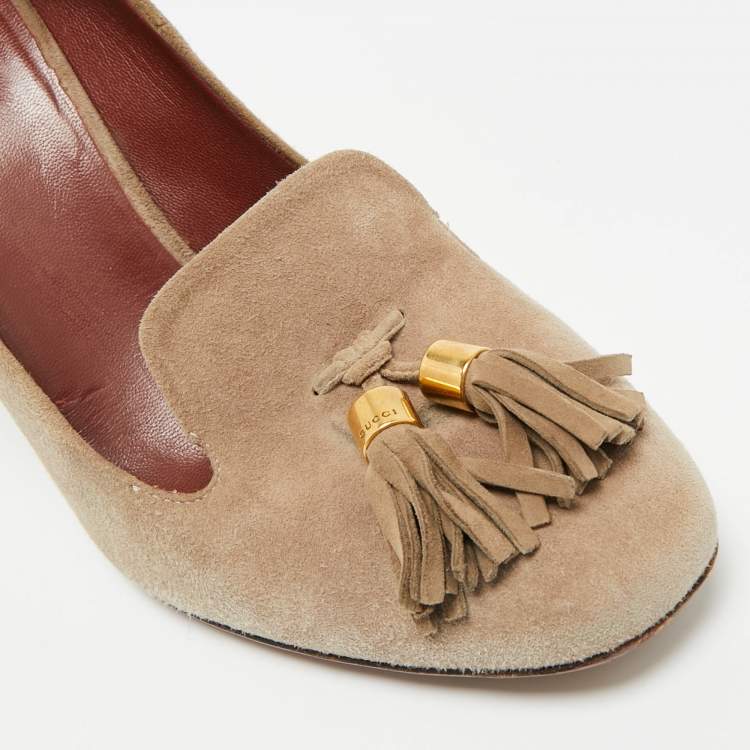 Pre Owned Gucci Mischa Size 38 Beige Suede Tassel Loafer Pumps