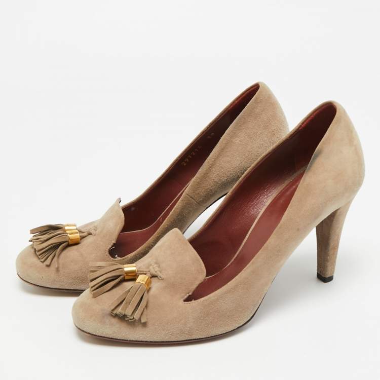 Pre Owned Gucci Mischa Size 38 Beige Suede Tassel Loafer Pumps