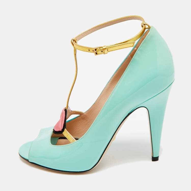 Pre Owned Gucci Molina Size 38 Light Turquoise/Gold Patent and Leather T-Strap Pumps