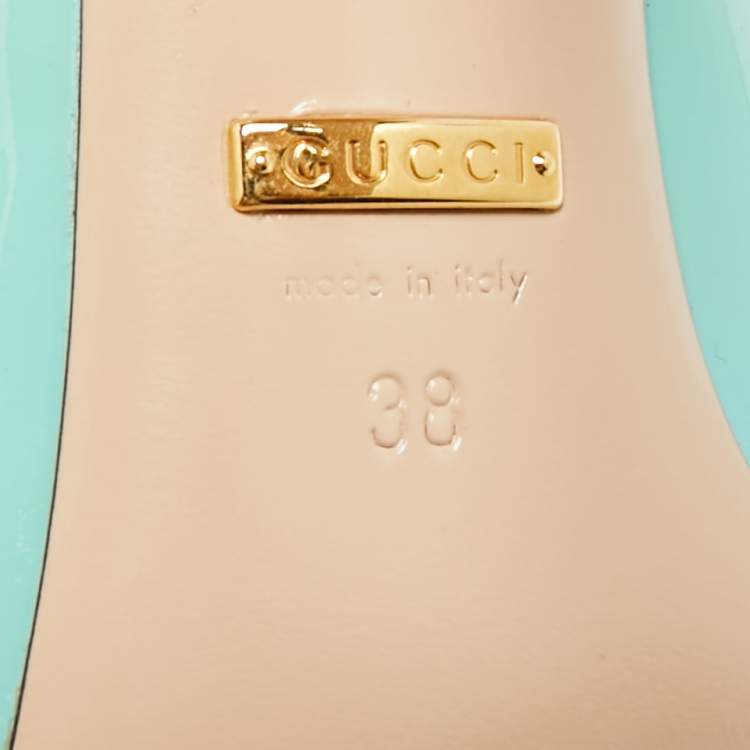 Pre Owned Gucci Molina Size 38 Light Turquoise/Gold Patent and Leather T-Strap Pumps