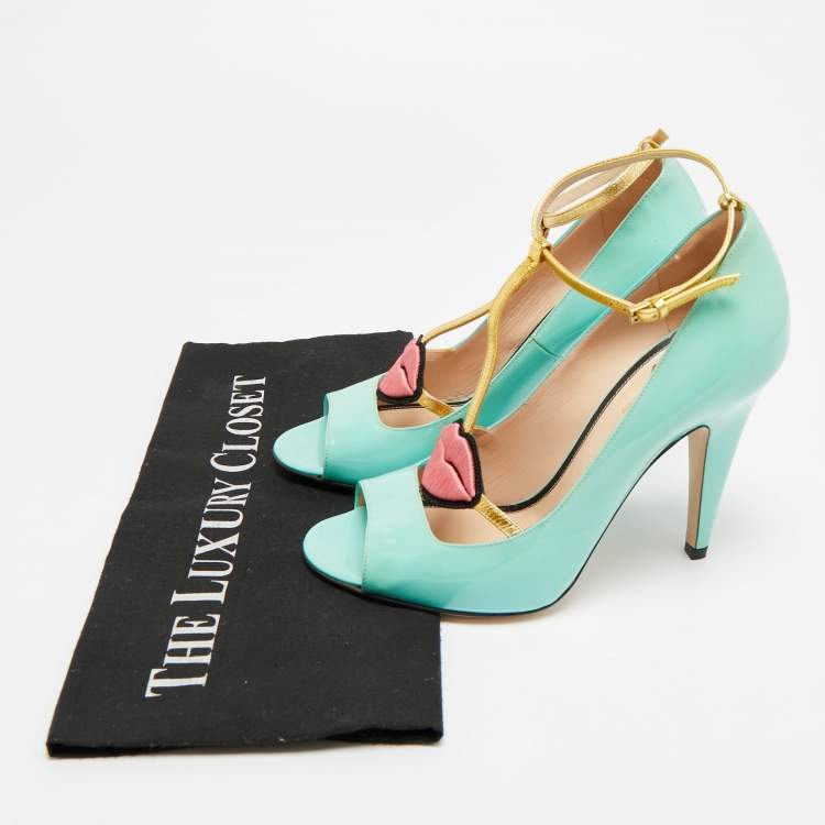 Pre Owned Gucci Molina Size 38 Light Turquoise/Gold Patent and Leather T-Strap Pumps
