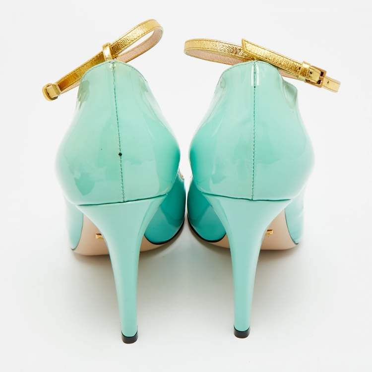 Pre Owned Gucci Molina Size 38 Light Turquoise/Gold Patent and Leather T-Strap Pumps