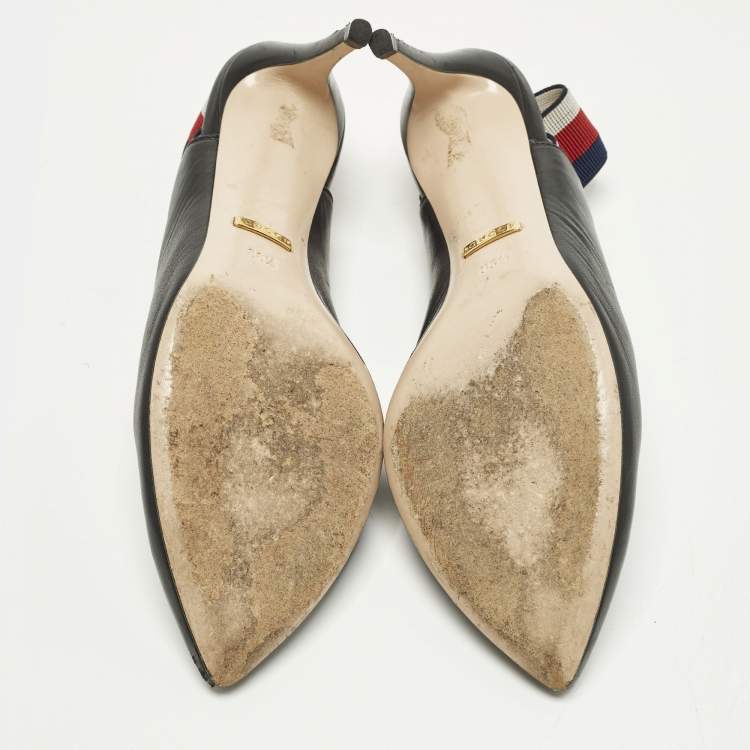 Pre Owned Gucci Sylvie Size 36.5 Black Leather Web Slingback Pumps