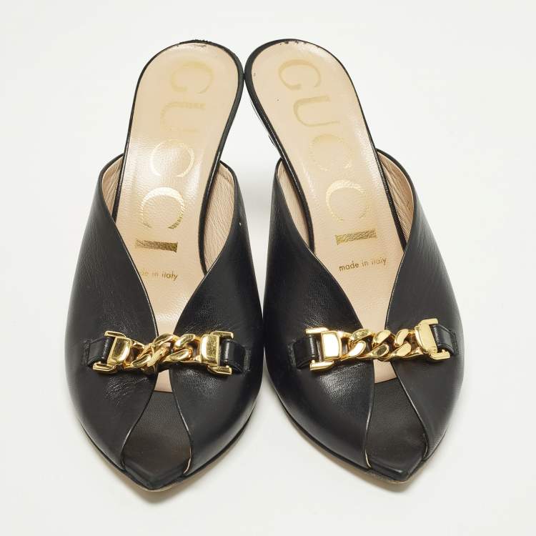 Pre Owned Gucci Slyvie Size 36.5 Black Leather Chain Mules