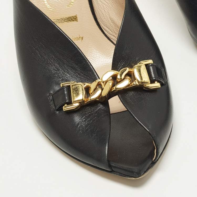 Pre Owned Gucci Slyvie Size 36.5 Black Leather Chain Mules