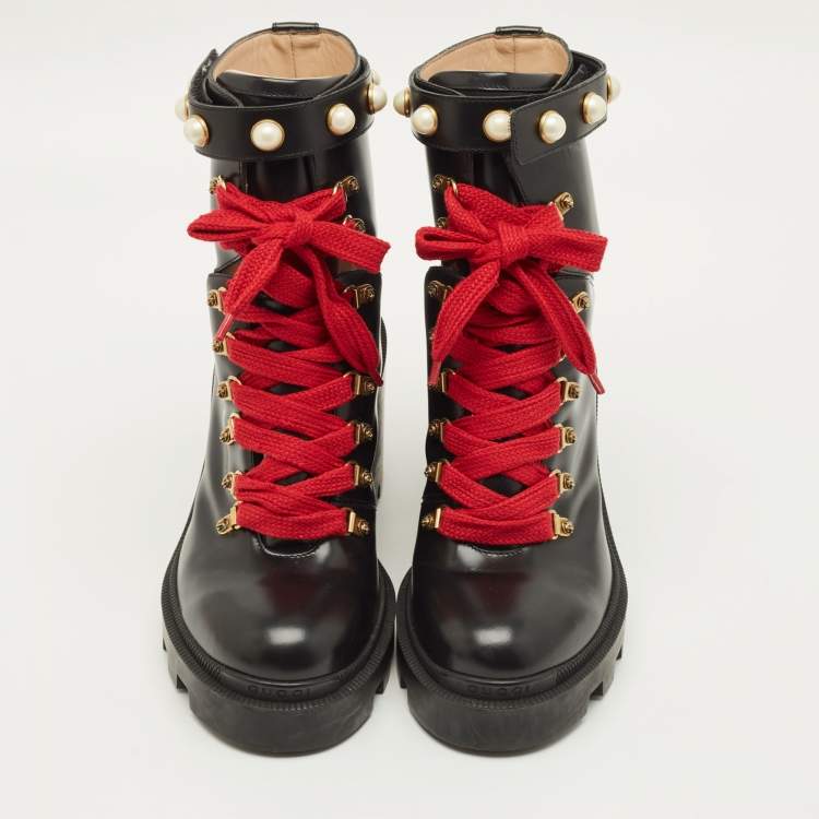 Pre Owned Gucci Size 40 Black Leather  Faux Pearl Embellished  Ankle Length Boots