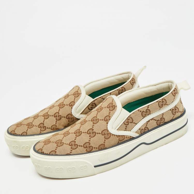 Pre Owned Gucci Tennis 1977 Size 37 Cream/Beige Canvas Slip On Sneakers