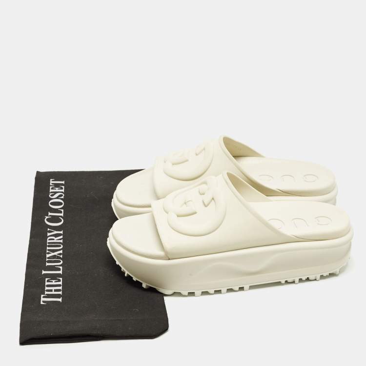 Pre Owned Gucci GG Size 38 Beige Rubber Platform Slide Sandals