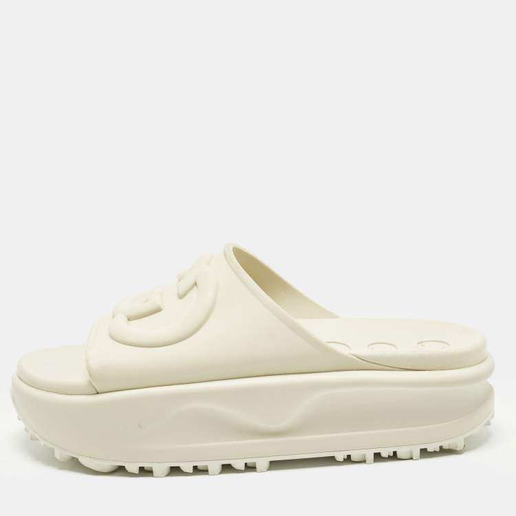 Pre Owned Gucci GG Size 38 Beige Rubber Platform Slide Sandals