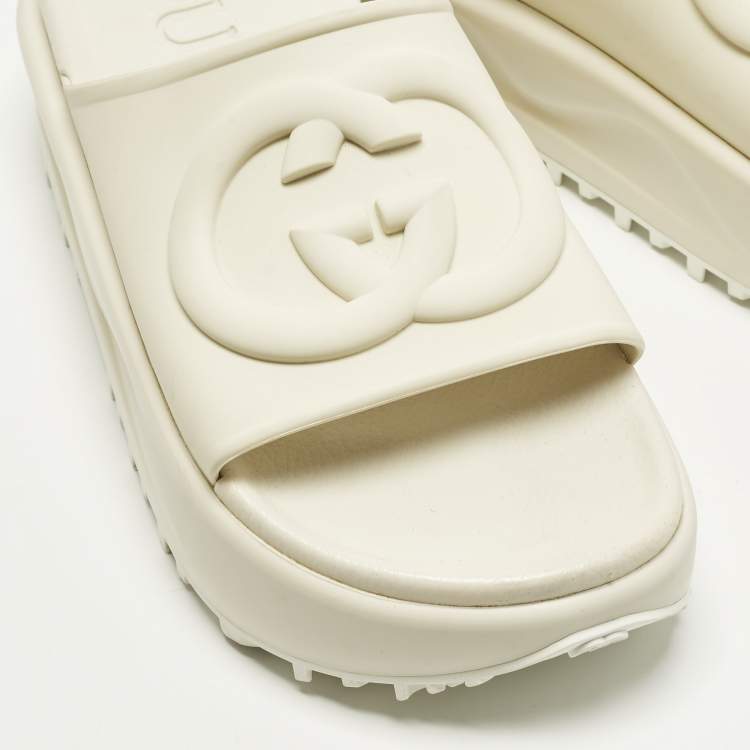 Pre Owned Gucci GG Size 38 Beige Rubber Platform Slide Sandals