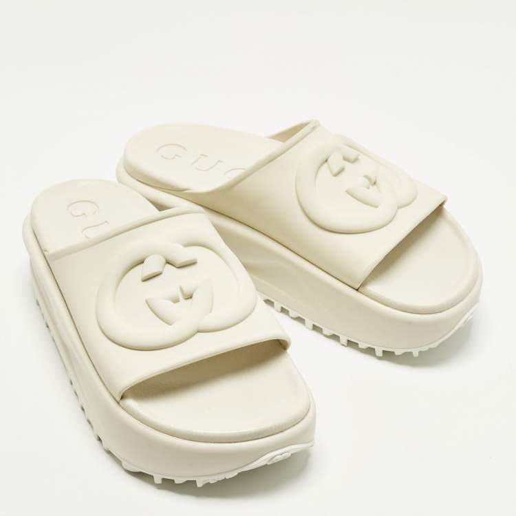 Pre Owned Gucci GG Size 38 Beige Rubber Platform Slide Sandals