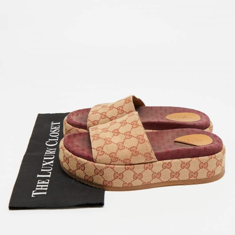 Pre Owned Gucci GG Size 39 Burgundy/Beige Canvas Platform Slide Sandals