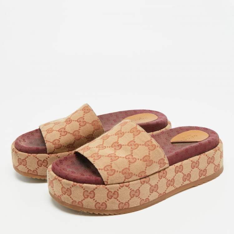 Pre Owned Gucci GG Size 39 Burgundy/Beige Canvas Platform Slide Sandals