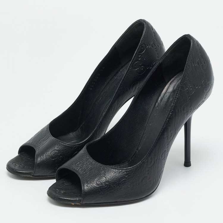 Pre Owned Gucci Size 36 Black Leather Peep Toe Pumps