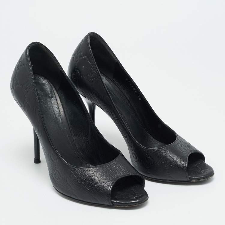 Pre Owned Gucci Size 36 Black Leather Peep Toe Pumps