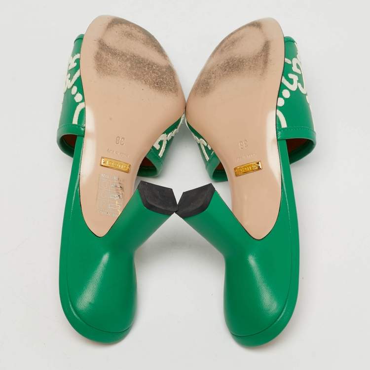 Pre Owned GUCCI X Adidas Size 38 Green/White Leather Logo Slide Sandals 