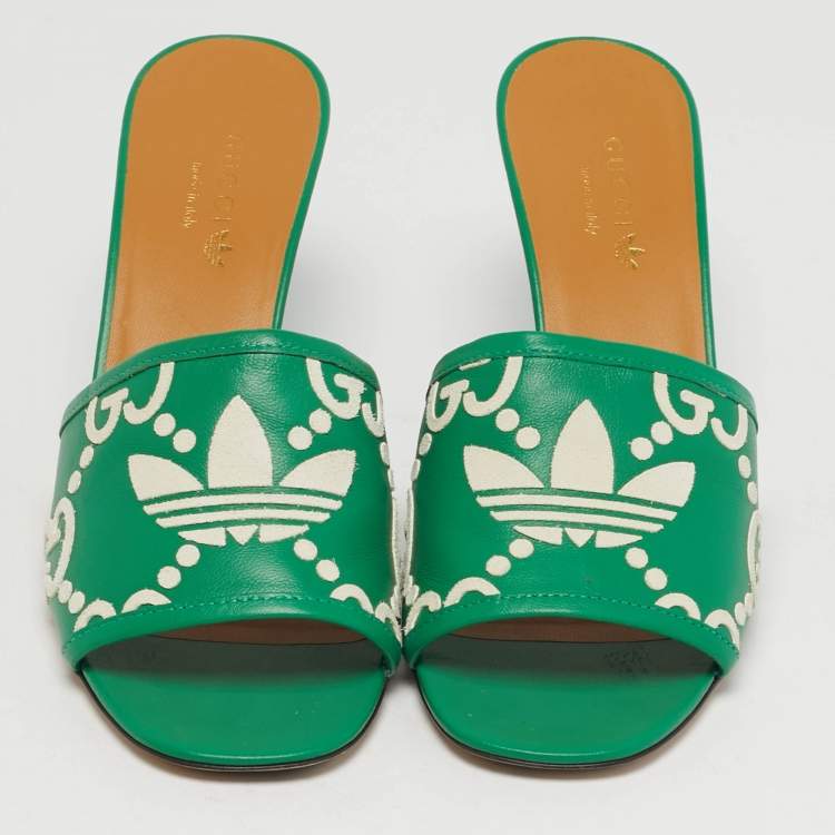 Pre Owned GUCCI X Adidas Size 38 Green/White Leather Logo Slide Sandals 