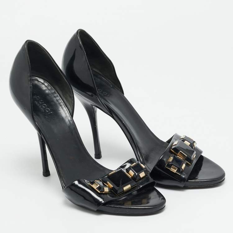 Pre Owned Gucci Size 39 Black Patent Leather Crystal Embellished Sandals