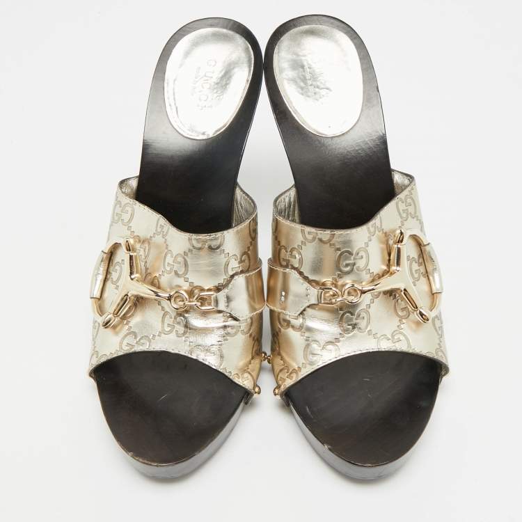 Pre Owned Gucci Icon Bit Size 40 Gold Leather Sandals