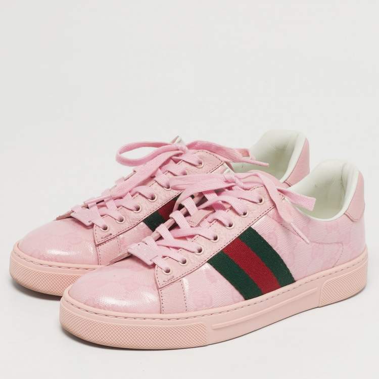 Pre Owned Gucci Ace Size 36.5 Pink Leather Web Lace Up Sneakers