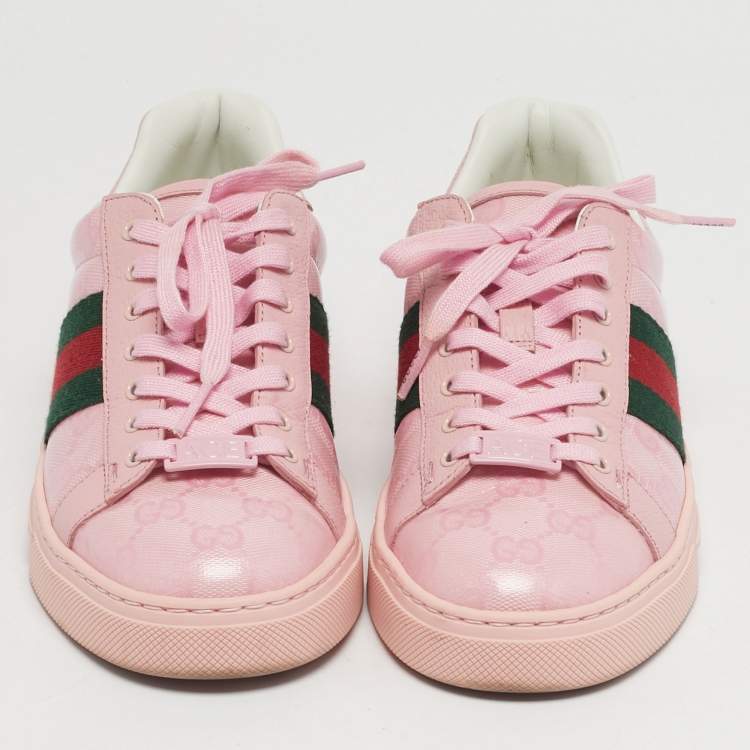 Pre Owned Gucci Ace Size 36.5 Pink Leather Web Lace Up Sneakers