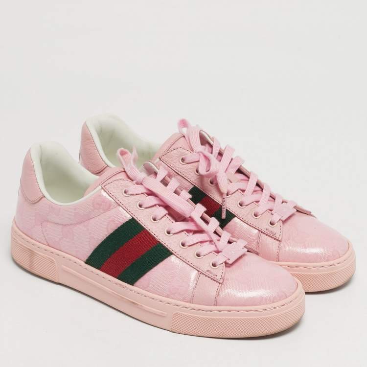 Pre Owned Gucci Ace Size 36.5 Pink Leather Web Lace Up Sneakers