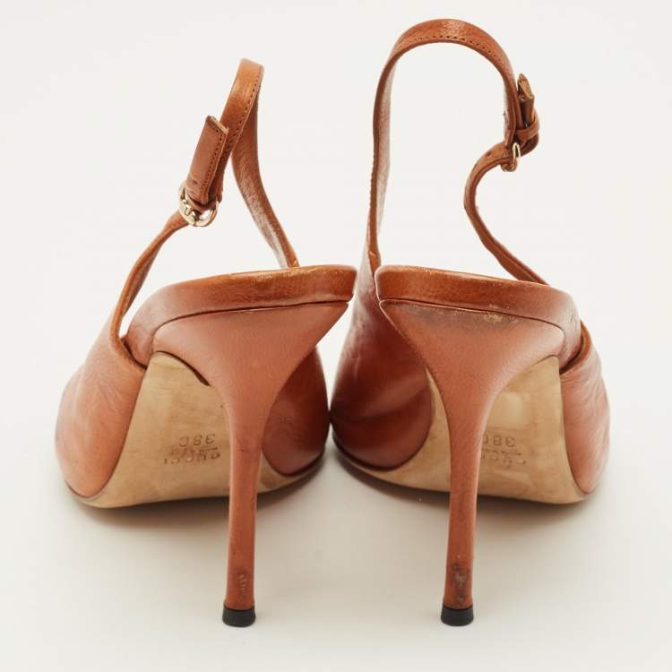 Pre Owned حذاء كعب عالي غوتشي مقدمة مفتوحة سير خلفي جلد لامع أصفر مقاس 37