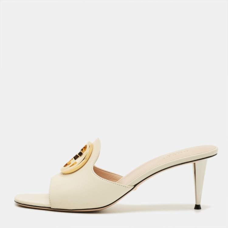 Pre Owned Gucci Blondie Size 38.5 White Leather Slide Sandals