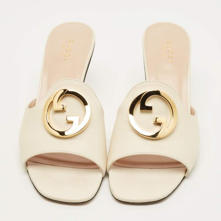 Pre Owned Gucci Blondie Size 38.5 White Leather Slide Sandals