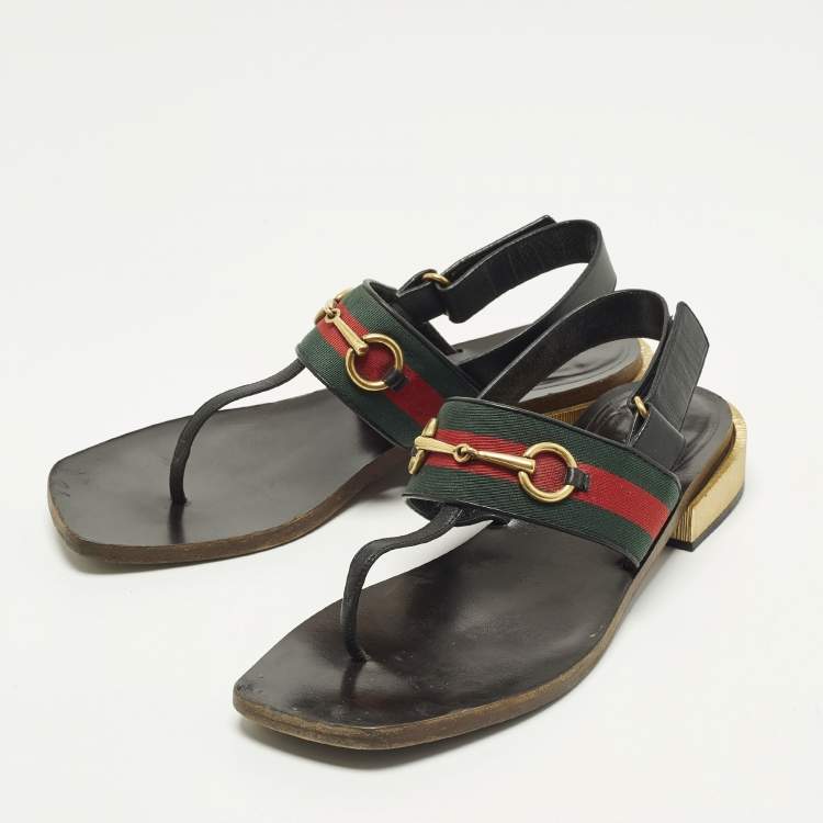 Pre Owned Gucci GG Web Size 40 Black Leather Horse bit Thong  Slingback Flat Sandals
