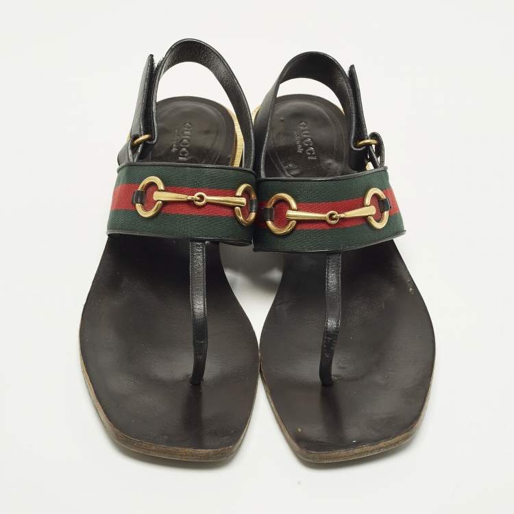 Pre Owned Gucci GG Web Size 40 Black Leather Horse bit Thong  Slingback Flat Sandals