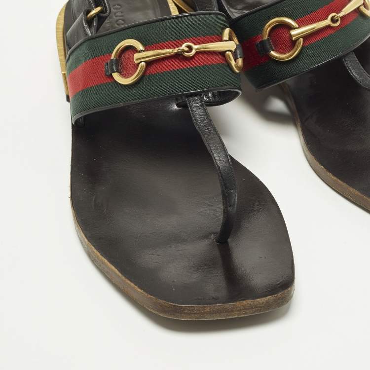 Pre Owned Gucci GG Web Size 40 Black Leather Horse bit Thong  Slingback Flat Sandals