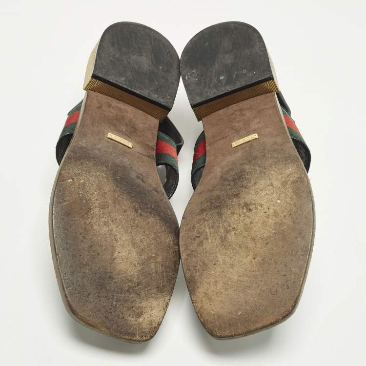 Pre Owned Gucci GG Web Size 40 Black Leather Horse bit Thong  Slingback Flat Sandals