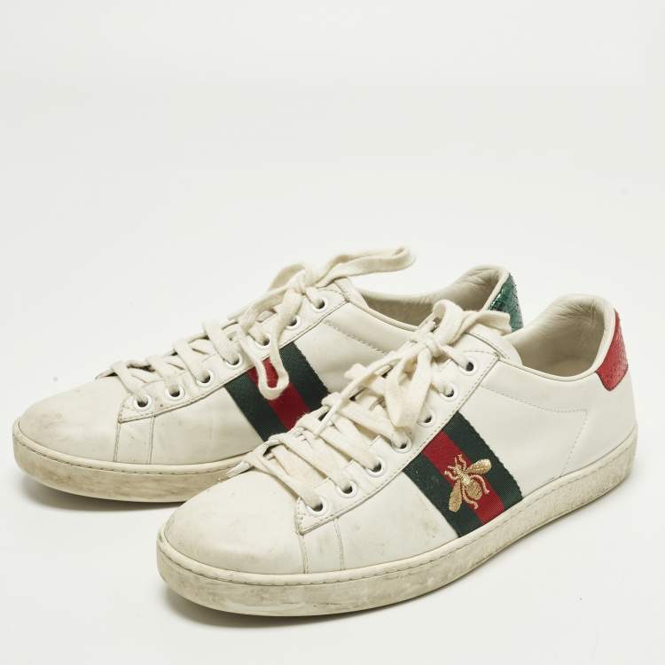Pre Owned Gucci Ace Web Size 38 White Leather and Python Embossed Low Top Sneakers
