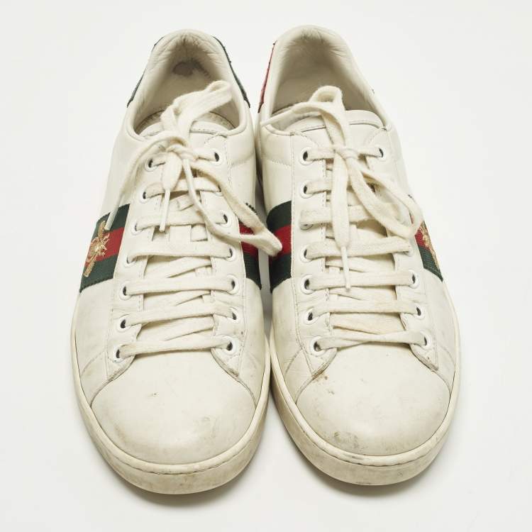 Pre Owned Gucci Ace Web Size 38 White Leather and Python Embossed Low Top Sneakers