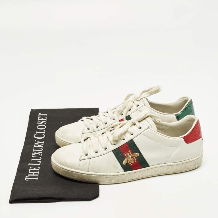 Pre Owned Gucci Ace Web Size 38 White Leather and Python Embossed Low Top Sneakers