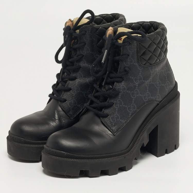 Pre Owned Gucci Size 37 Black Canvas and Leather GG Ankle Boots
