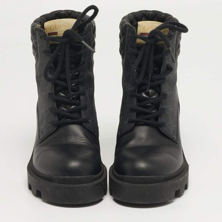 Pre Owned Gucci Size 37 Black Canvas and Leather GG Ankle Boots