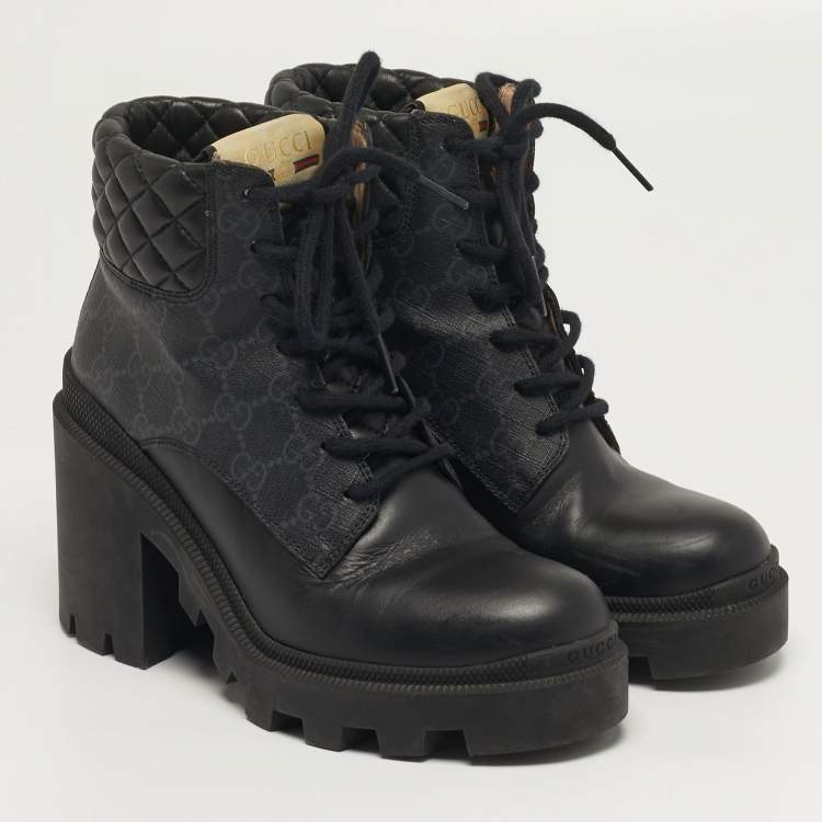 Pre Owned Gucci Size 37 Black Canvas and Leather GG Ankle Boots