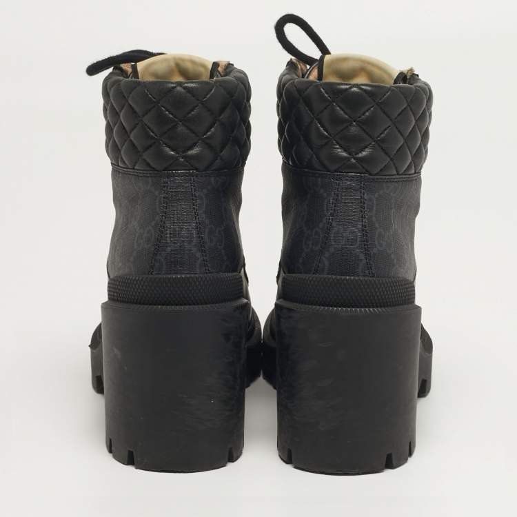 Pre Owned Gucci Size 37 Black Canvas and Leather GG Ankle Boots