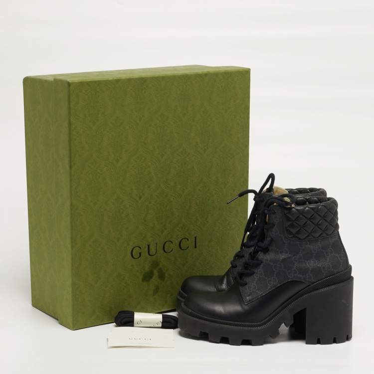 Pre Owned Gucci Size 37 Black Canvas and Leather GG Ankle Boots