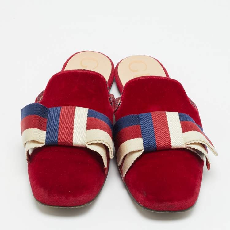 Pre Owned Gucci Sylvie Size 37 Red Velvet Flat Slides 